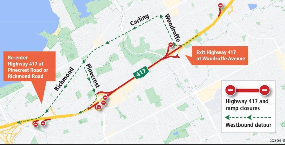 Highway 417 to close July 28 to 31 for O-Train West extension & pedestrian bridge installation
