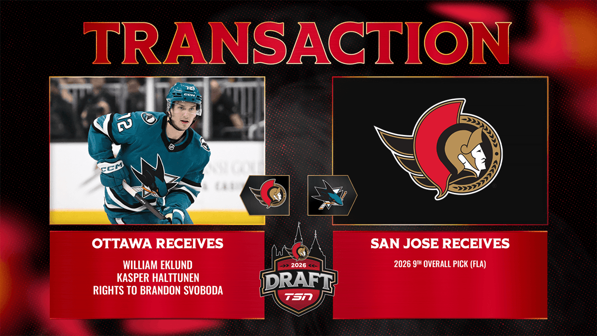 Ottawa Senators Trade First Round Pick to San Jose for William Eklund and Prospects